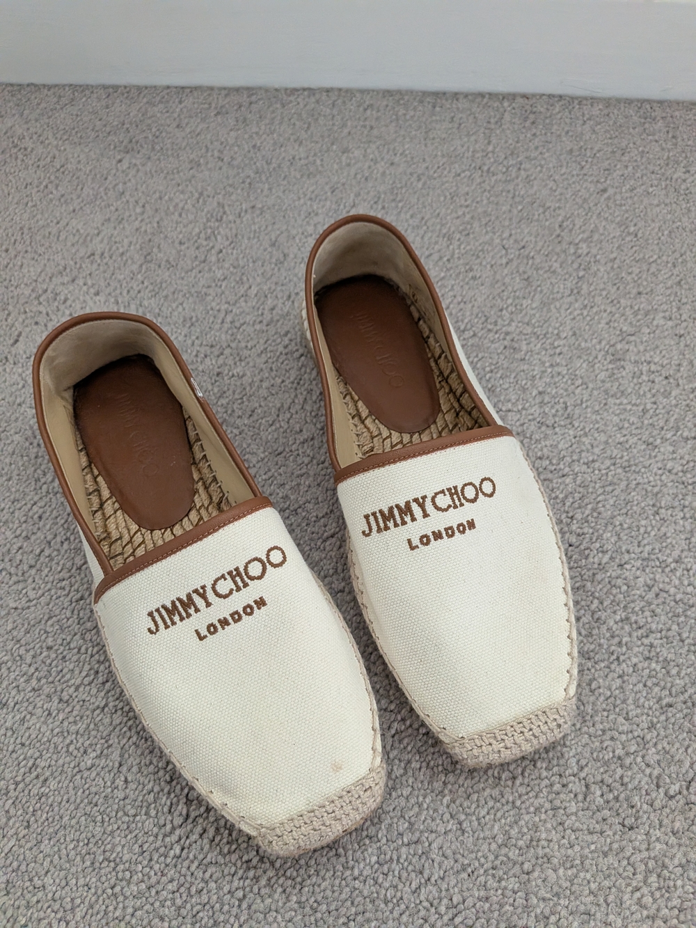 Jimmy Choo Cream Canvas Espadrilles with Brown Trim and Logo